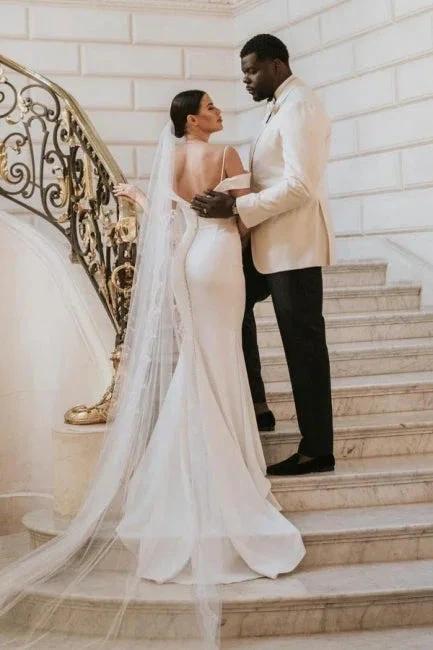 Romantic spaghetti straps cap sleeves mermaid satin Wedding dress (ZD14849)