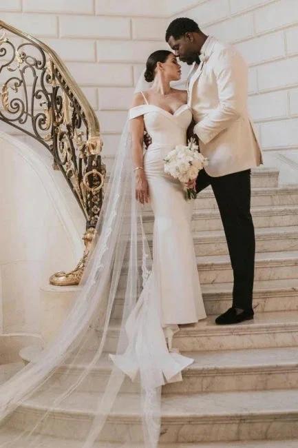 Romantic spaghetti straps cap sleeves mermaid satin Wedding dress (ZD14849)