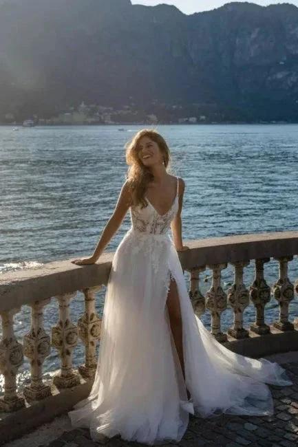 Romantic spaghetti straps sleeveless a-line lace Wedding dresses (ZD14864)