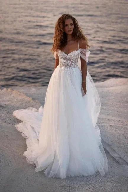 Romantic spaghettistraps capsleeves aline lace Wedding dresses (ZD14874) - VelvetHem