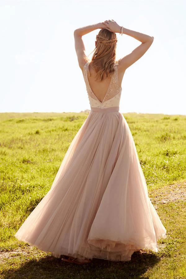 Romantic V Neck Blush Pink Lace Wedding Dresses Detachable Skirt Bridal Dresses (ZD15437)