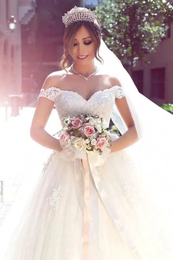 Romantic White Long A-line Off The Shoulder Sweetheart Wedding Dresses With Lace (ZD15006)