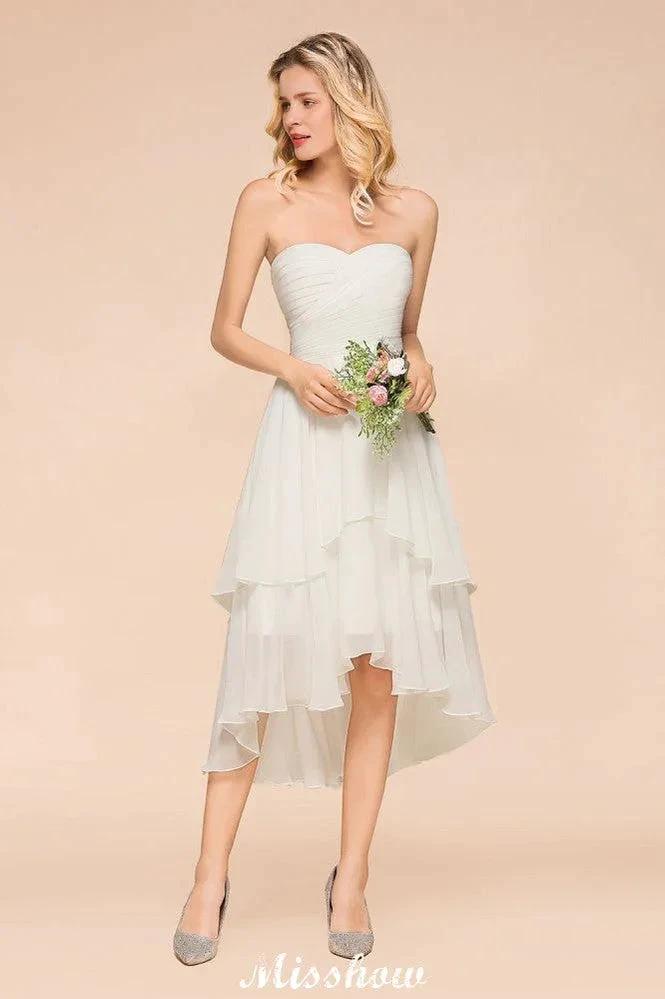 Romantic White/Ivory Sweetheart Hi-Lo Bridesmaid Dress Sleeveless Beach Wedding Guest Dress (ZD12949) - View 3 | VelvetHem