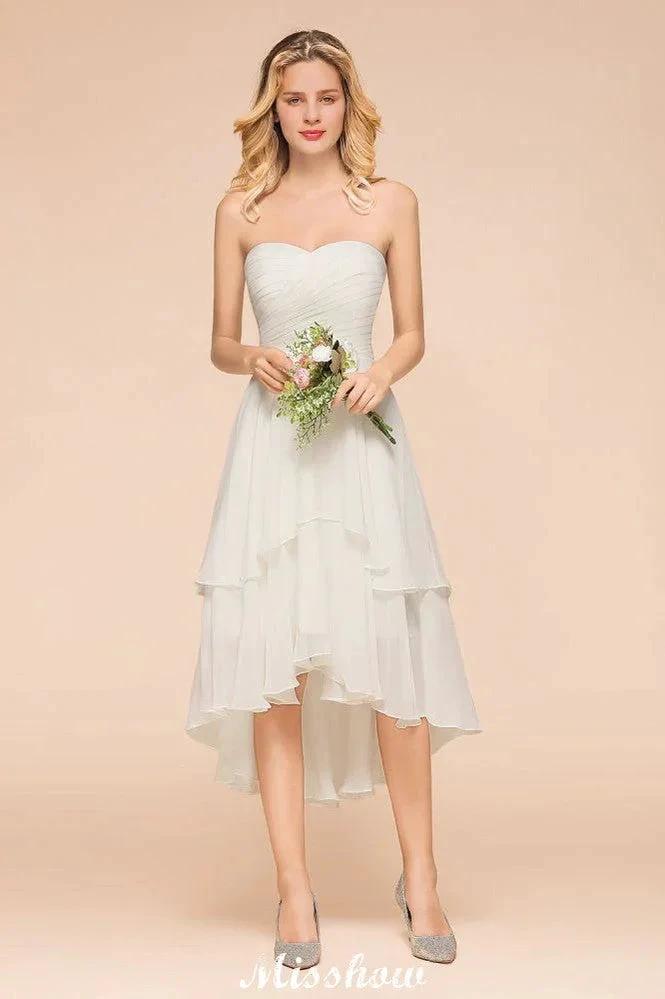 Romantic White/Ivory Sweetheart Hi-Lo Bridesmaid Dress Sleeveless Beach Wedding Guest Dress (ZD12949) - View 4 | VelvetHem