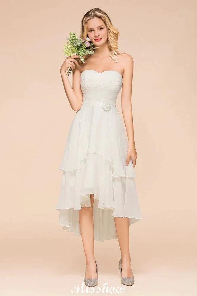 Romantic White/Ivory Sweetheart Hi-Lo Bridesmaid Dress Sleeveless Beach Wedding Guest Dress by misshow.com