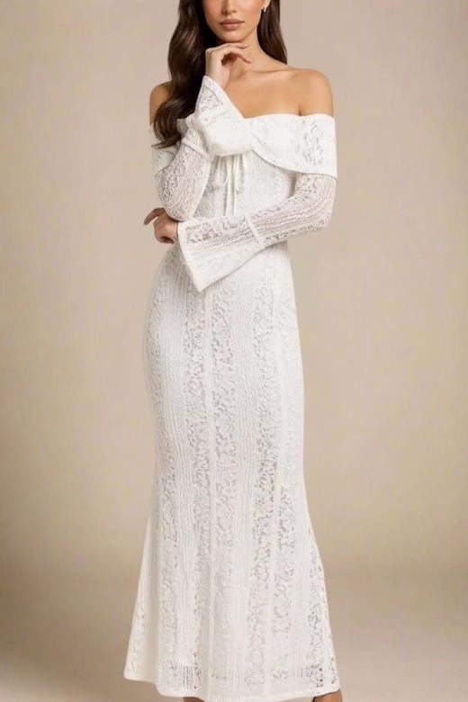 Rose Long Sleeve Bodycon Maxi Dress - White Pearl