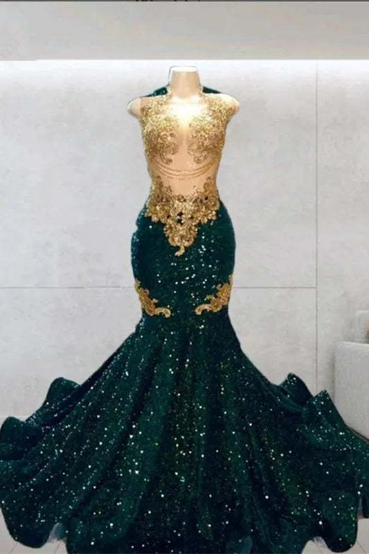 Round neck Dark Green Mermaid Court Train Sleeveless Prom Dresses