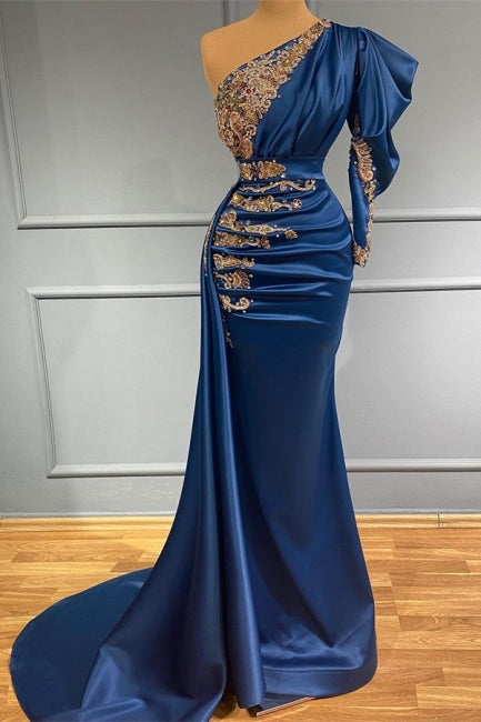 Royal Blue Asymmetric One-Shoulder Stretch Satin Evening Prom Dresses with Appliques