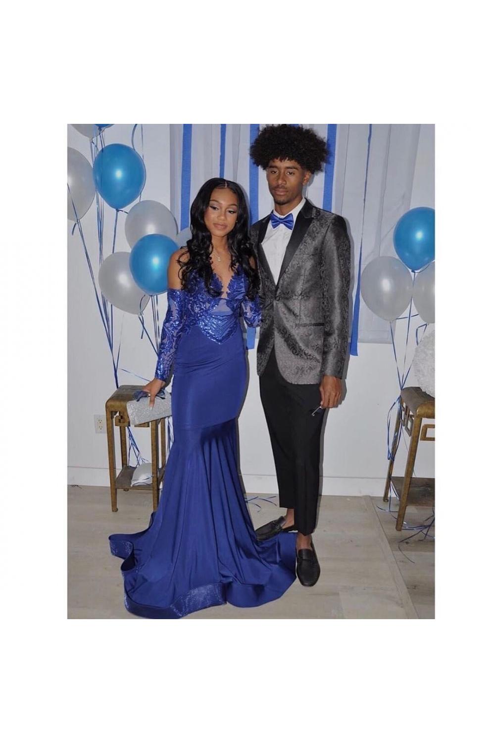 Royal Blue Mermaid Prom Party Gowns Sequined V-Neck Party Wear