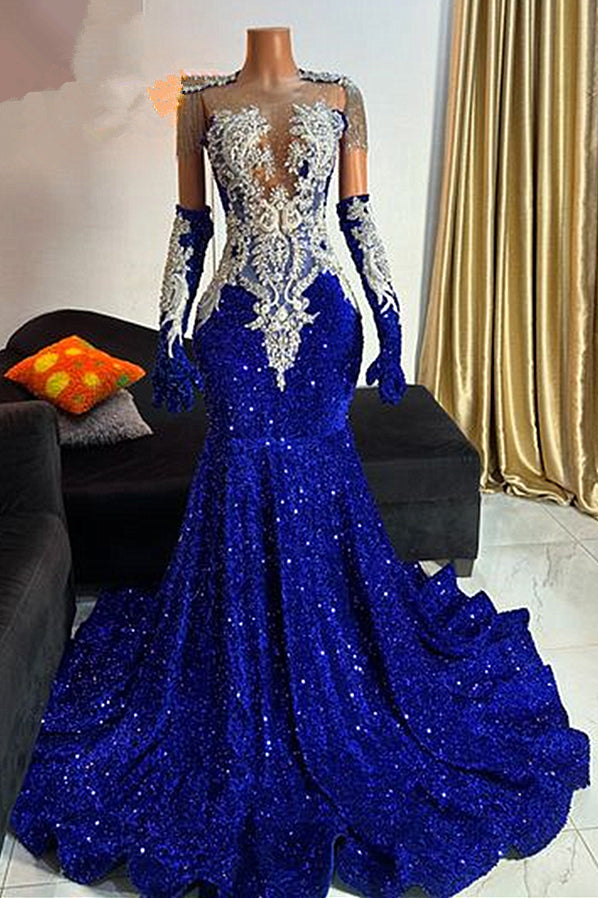 Royal blue sequin Sleeveless Gloves Silver Beaded Mermaid Prom Dresses