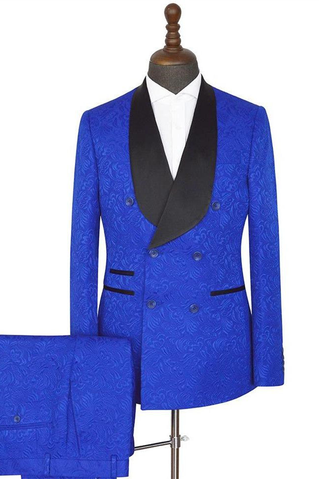 Royal blue Shawl Lapel Slim-Fit Double Breasted Jacquard Wedding Suits