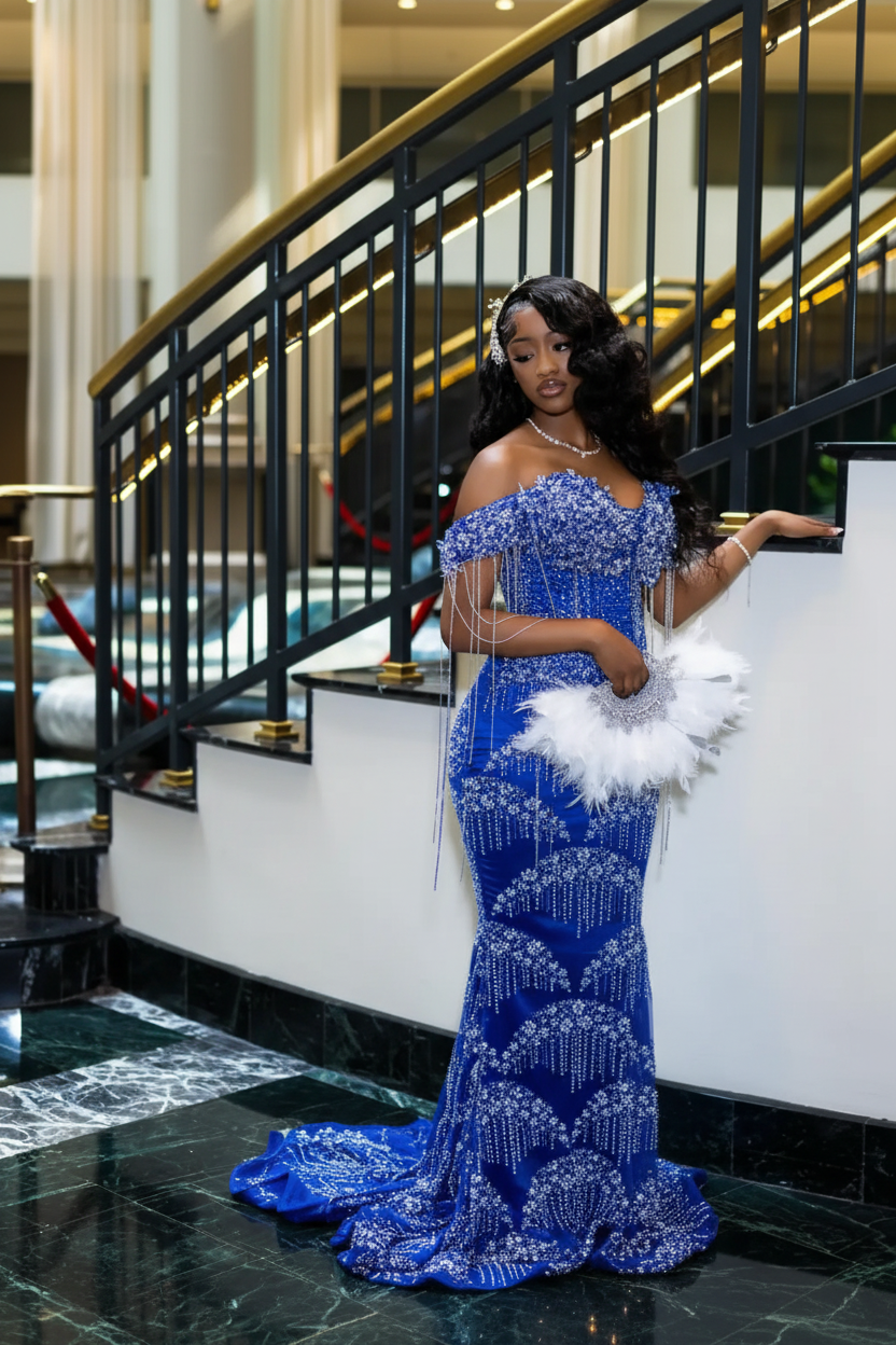 Luxury Glacial Silver Beaded Prom Dress – Crystal Fringe Mermaid Gown with Feather Accents | 2026 Couture Evening Collection (ZD17400)
