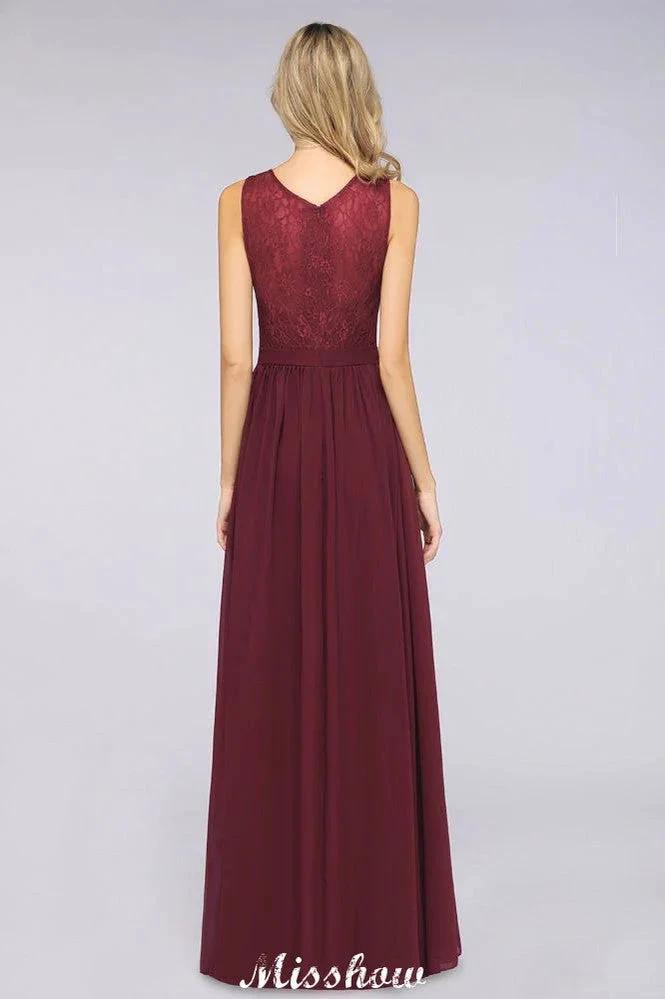 Ruffle A-Line Floor-Length Bridesmaid Dress Chiffon Lace V-Neck Evening Dress (ZD12908)