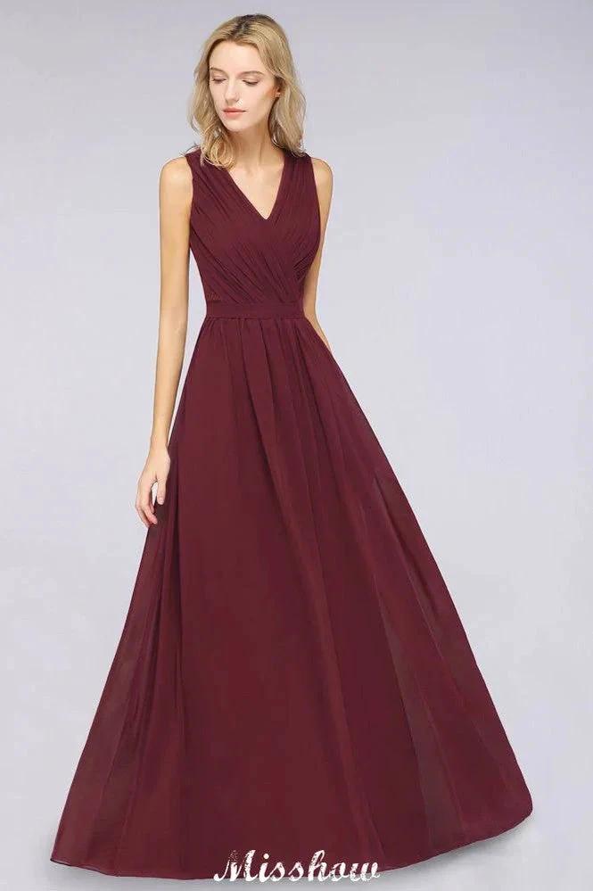 Ruffle A-Line Floor-Length Bridesmaid Dress Chiffon Lace V-Neck Evening Dress (ZD12908)