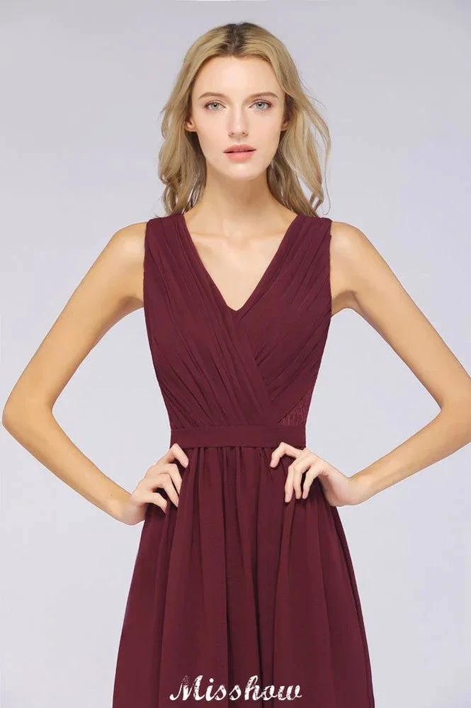 Ruffle A-Line Floor-Length Bridesmaid Dress Chiffon Lace V-Neck Evening Dress (ZD12908)