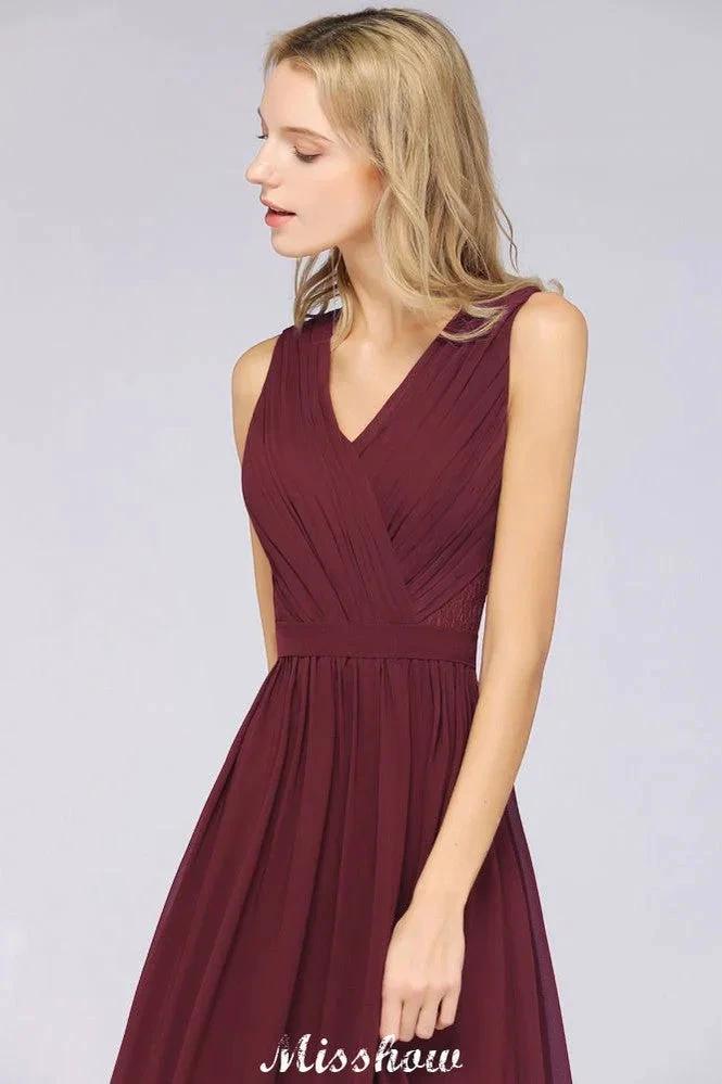 Ruffle A-Line Floor-Length Bridesmaid Dress Chiffon Lace V-Neck Evening Dress (ZD12908)