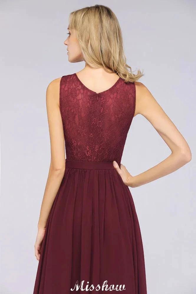 Ruffle A-Line Floor-Length Bridesmaid Dress Chiffon Lace V-Neck Evening Dress (ZD12908)