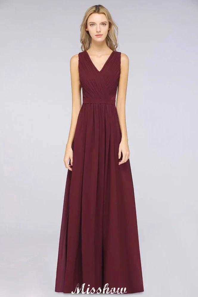 Ruffle A-Line Floor-Length Bridesmaid Dress Chiffon Lace V-Neck Evening Dress by misshow.com