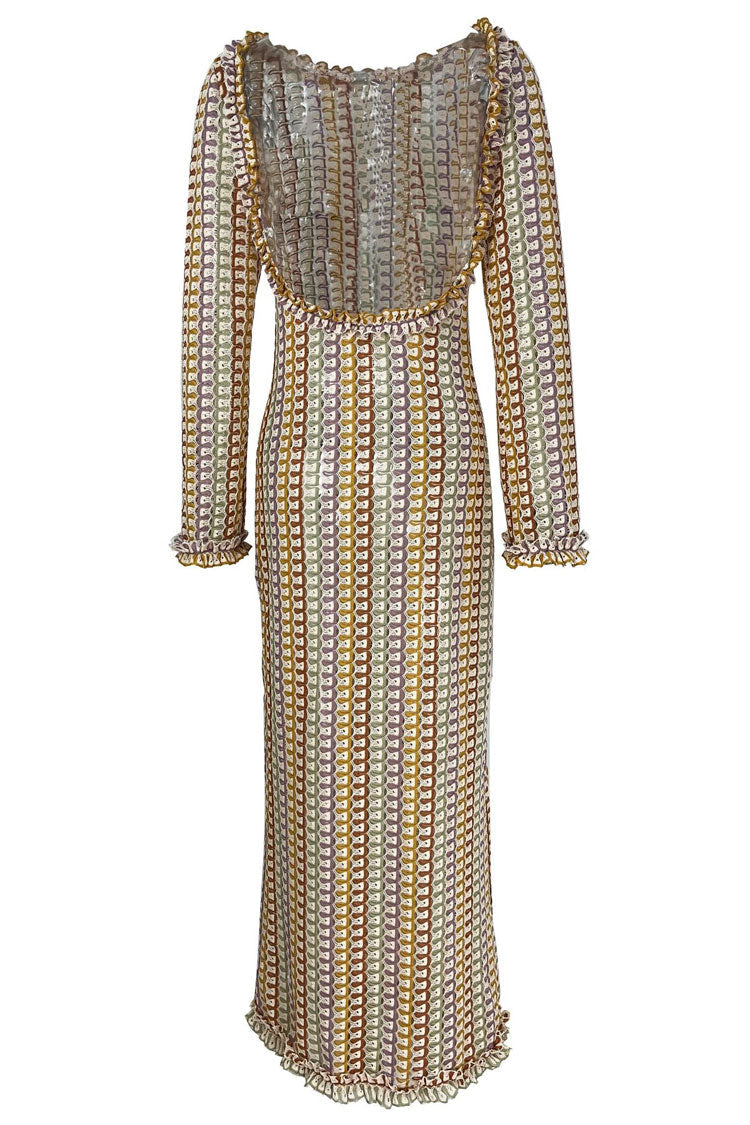 Backless Wavy Striped Crochet Maxi Dress for Beach Escapes - Fashionpara