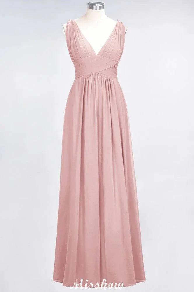 Ruffle Chiffon Sleeveless Evening Maxi Gown V-Neck Bridesmaid Dress by misshow.com