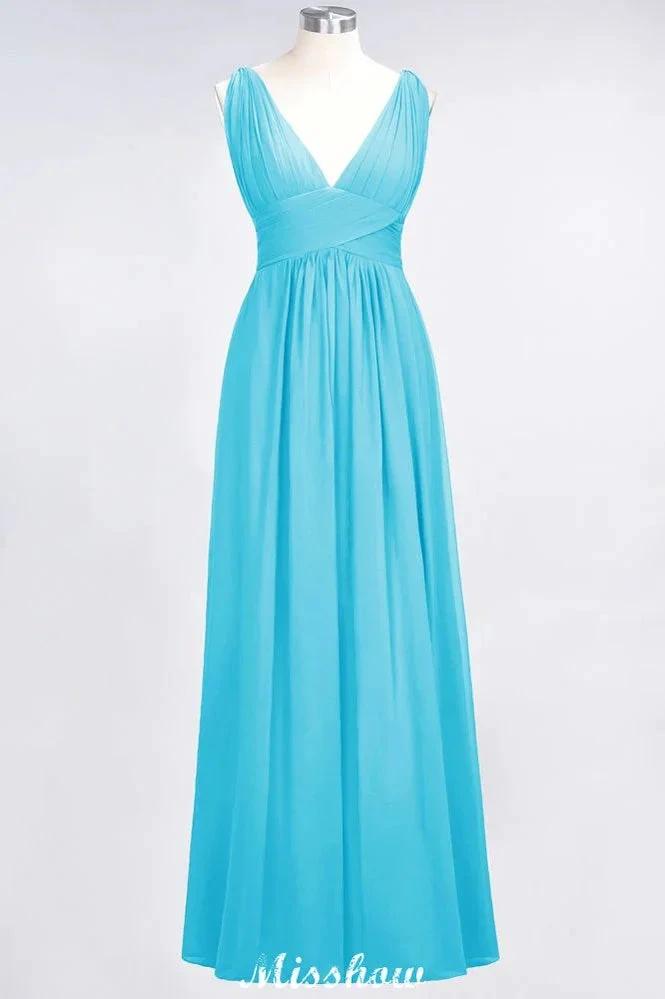Ruffle Chiffon Sleeveless Evening Maxi Gown V-Neck Bridesmaid Dress by misshow.com