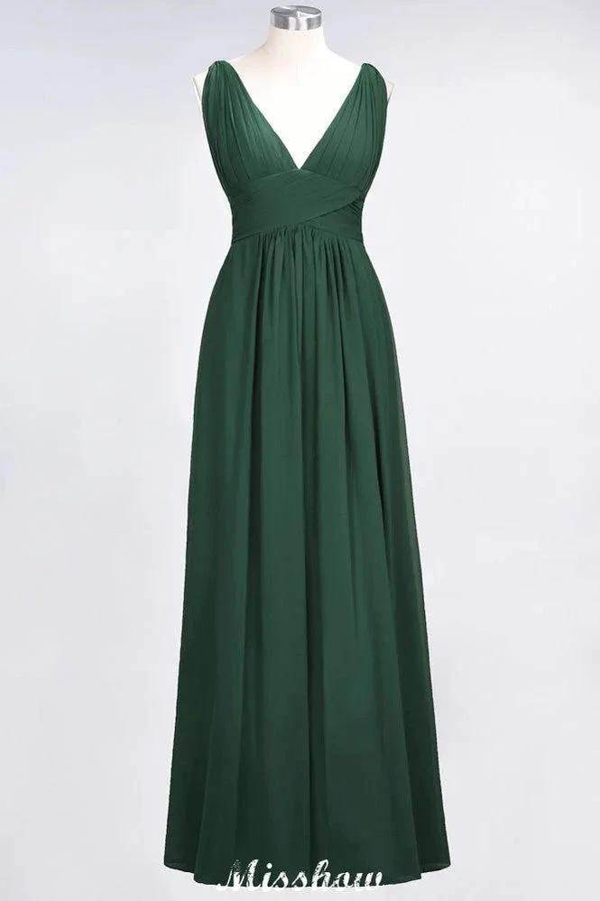 Ruffle Chiffon Sleeveless Evening Maxi Gown V-Neck Bridesmaid Dress by misshow.com