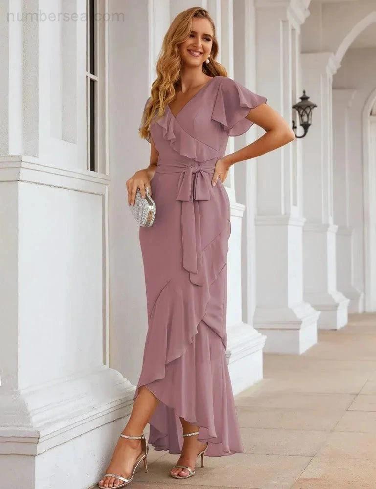 Ruffled Bridesmaid Dresses Maxi Long Women Chiffon Mermaid Formal Violin Evening Party Prom Gowns (ZD17031)