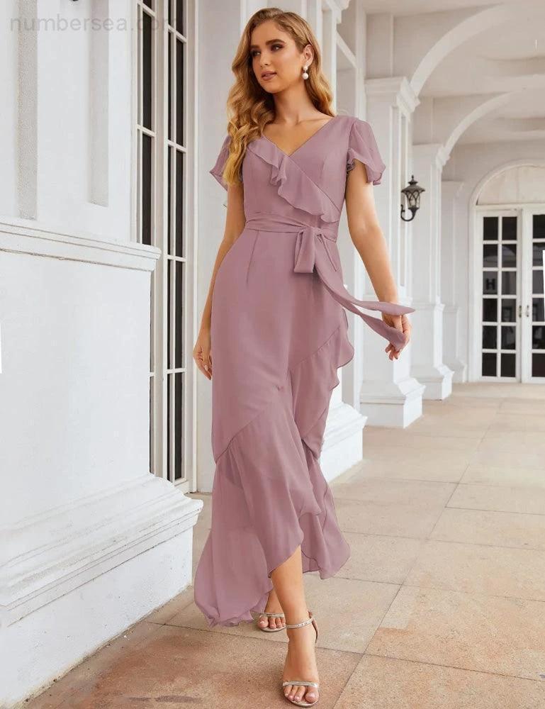Ruffled Bridesmaid Dresses Maxi Long Women Chiffon Mermaid Formal Violin Evening Party Prom Gowns (ZD17031)