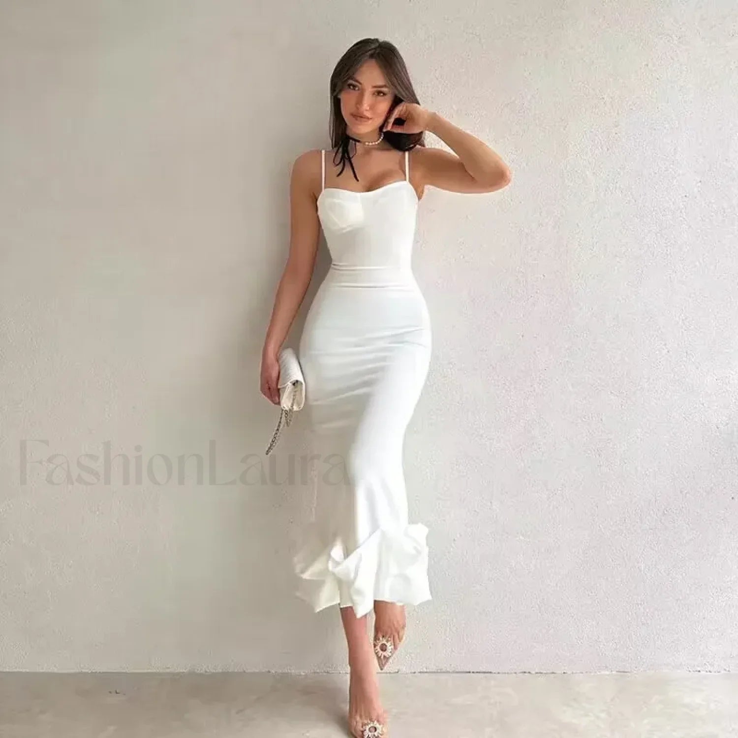 Ruffled Pencil Bodycon Midi Dress WHITE / S