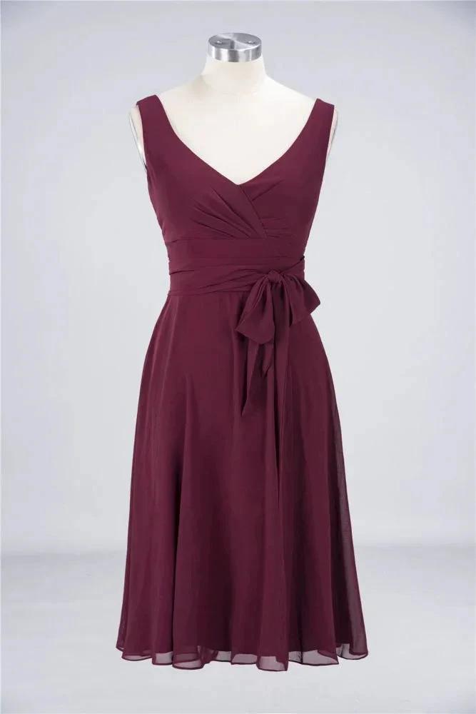 Ruffles Knee-Length Bridesmaid Dress Sleeveless V-Neck Mini Cocktail Party Dress by misshow.com