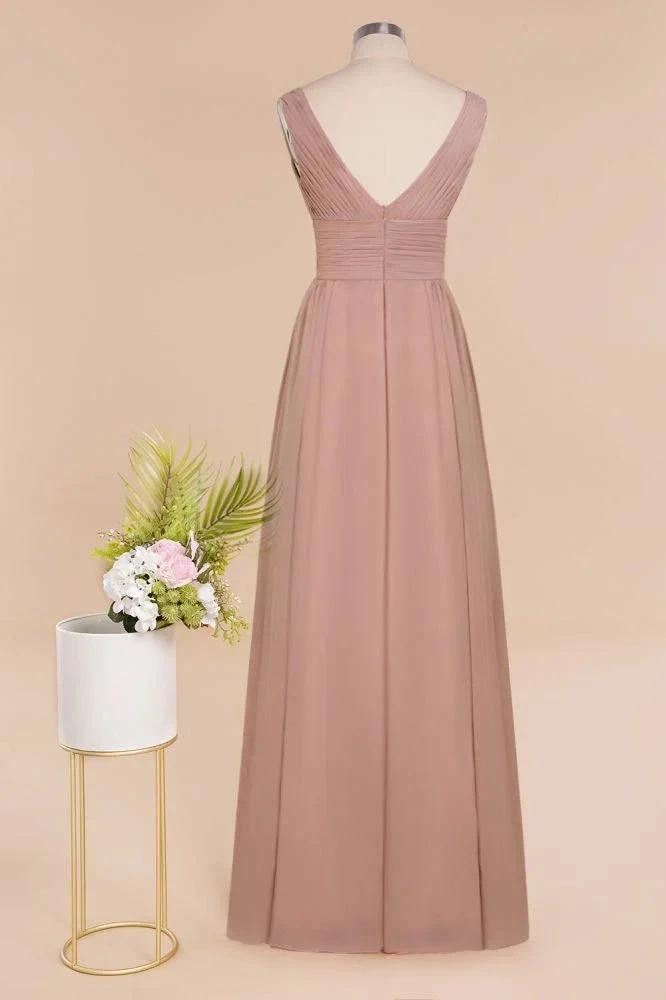 Ruffles V-Neck A-line Dusty Pink Bridesmaid Dresses | Sleeveless Floor-Length Evening Dresses (ZD13151)