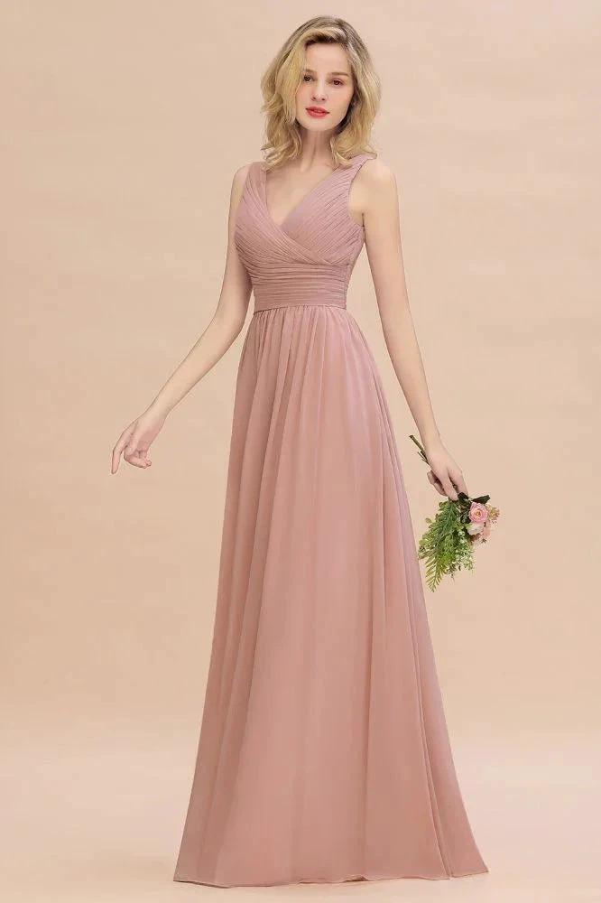 Ruffles V-Neck A-line Dusty Pink Bridesmaid Dresses | Sleeveless Floor-Length Evening Dresses (ZD13151)