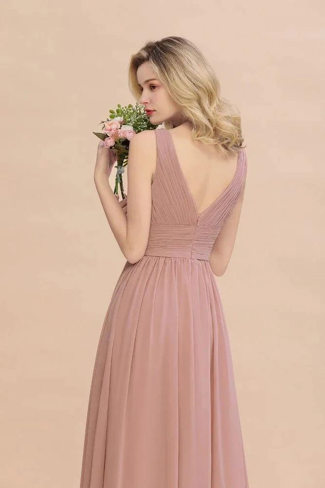 Ruffles V-Neck A-line Dusty Pink Bridesmaid Dresses | Sleeveless Floor-Length Evening Dresses (ZD13151)