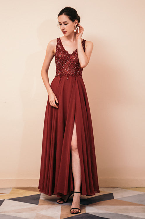 Rust A-Line Chiffon V-Neck Open-Back Evening Dress