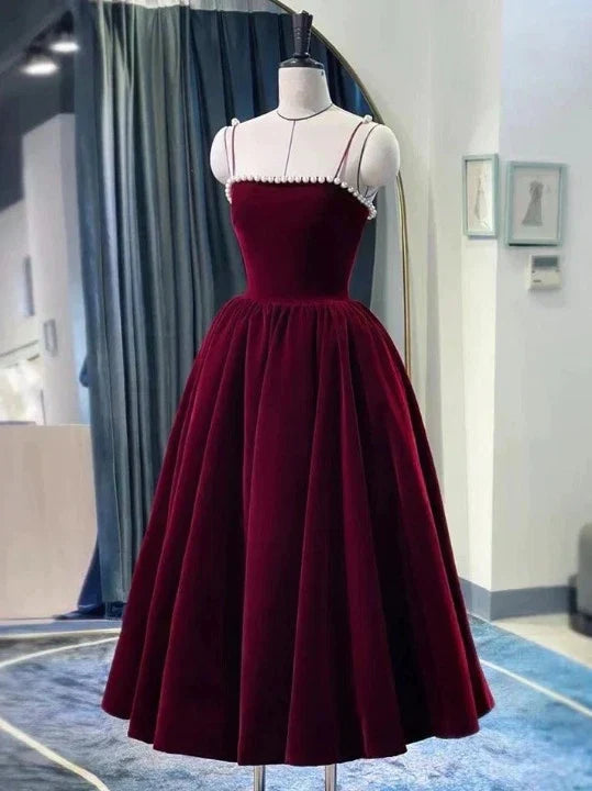 Spaghetti Straps Burgundy Velvet Prom Dress Simple Prom Dress Party Dress - View 9 | FashionDia