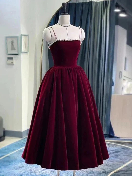 Spaghetti Straps Burgundy Velvet Prom Dress Simple Prom Dress Party Dress - View 10 | FashionDia