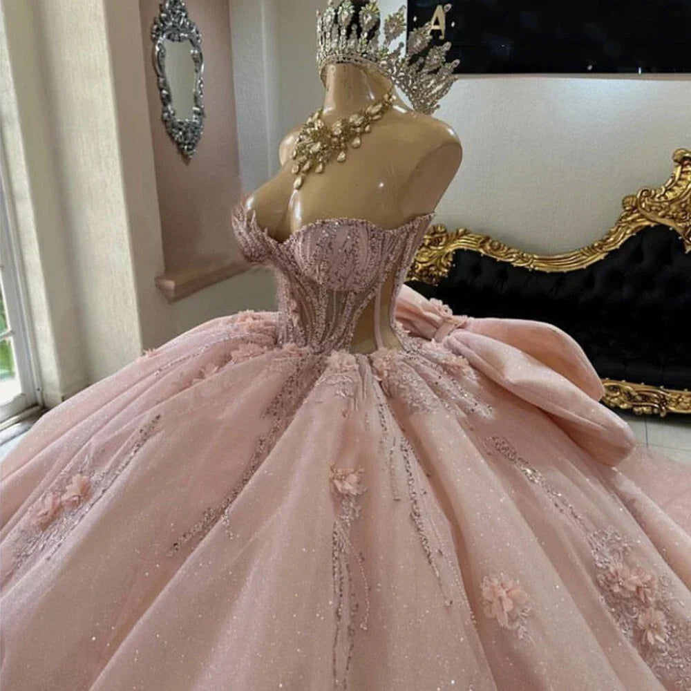 Pink Quinceanera Dress Sweet 15 16 Bow Beaded 3D Floral Glitter Ball Gown Quinceanera Dresses