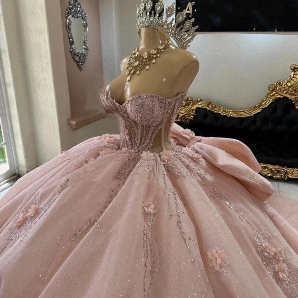 Pink Quinceanera Dress Sweet 15 16 Bow Beaded 3D Floral Glitter Ball Gown Quinceanera Dresses - View 2 | FashionDia