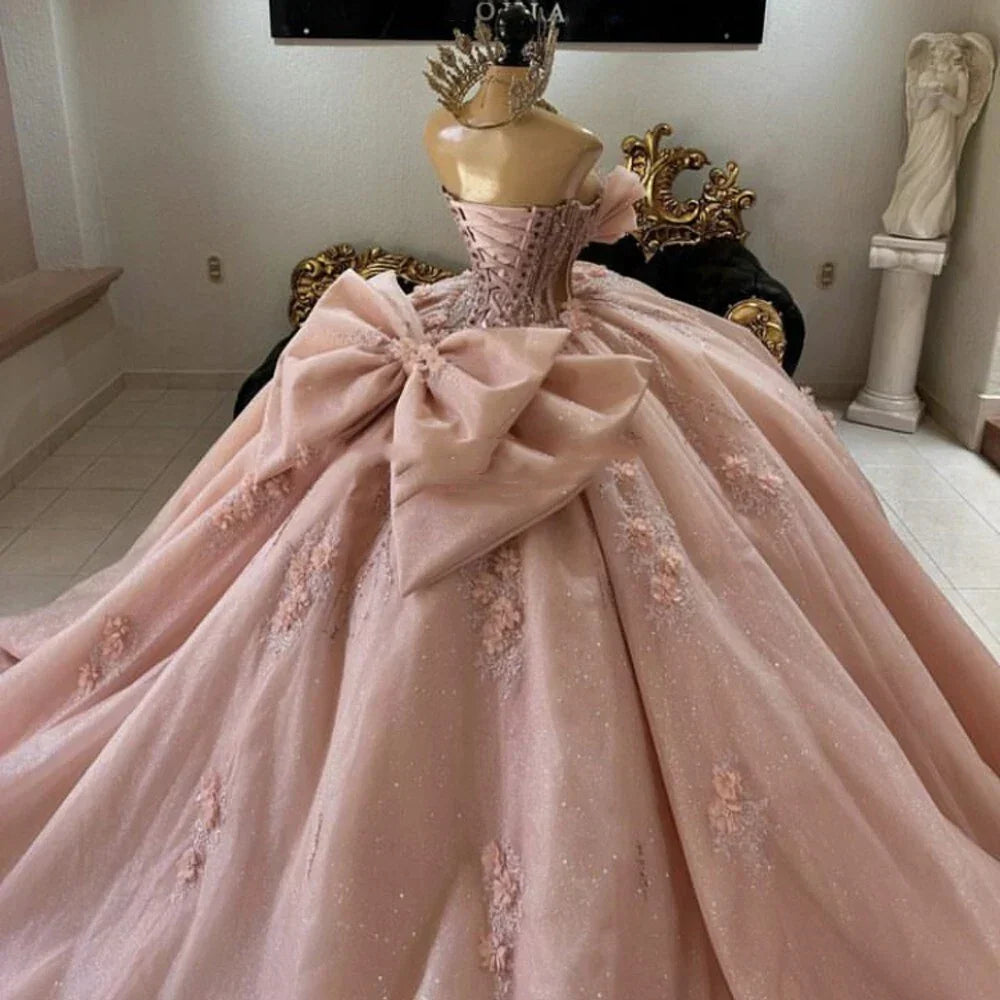 Pink Quinceanera Dress Sweet 15 16 Bow Beaded 3D Floral Glitter Ball Gown Quinceanera Dresses - View 3 | FashionDia