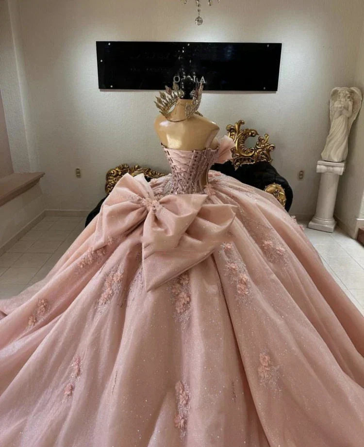 Pink Quinceanera Dress Sweet 15 16 Bow Beaded 3D Floral Glitter Ball Gown Quinceanera Dresses - View 4 | FashionDia
