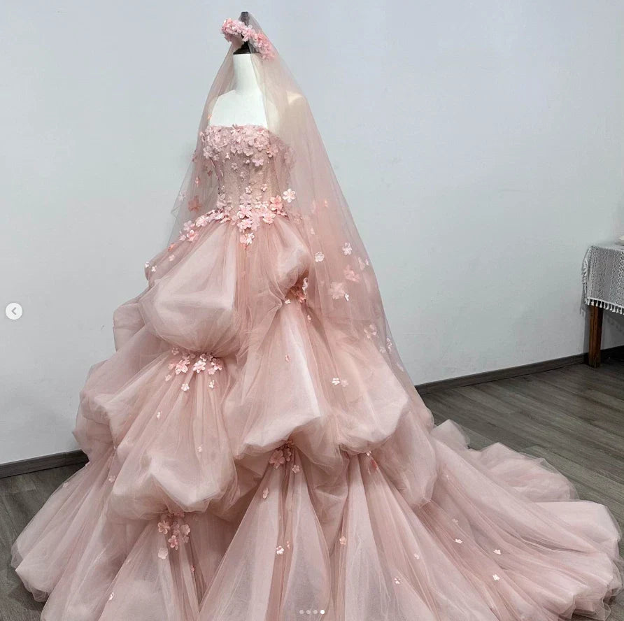 Pink Ruffle Quinceanera Dress 3D Floral Sweet Sleeveless 15 16 Party Ball Gown Prom Dress - VelvetHem