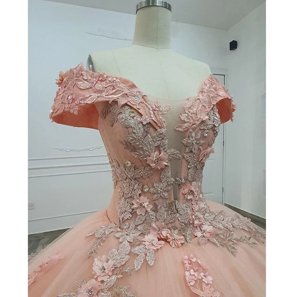 Pink Quinceanera Dress Sweet 16 Beaded Off-Shoulder 3D Floral Ball Gown Quinceanera Dresses - View 4 | FashionDia