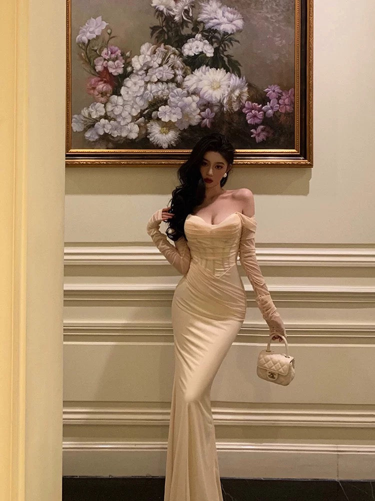 Chic Mermaid Off-the-Shoulder Long Sleeves White Long Prom Dresses Birthday Dress - FashionDia