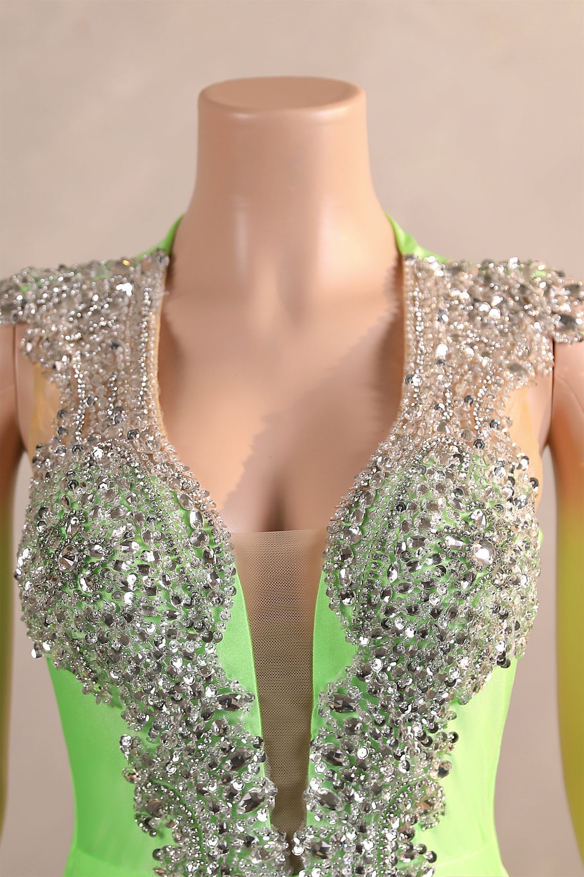 Sage Green Silver Beaded Luxury Mermaid Floor-Length Prom Dresses