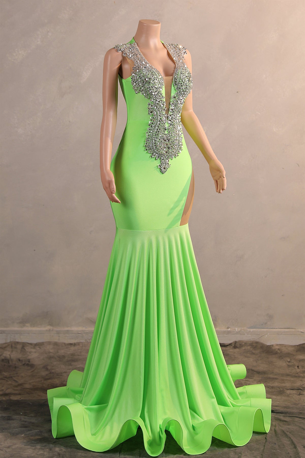 Sage Green Silver Beaded Luxury Mermaid Floor-Length Prom Dresses
