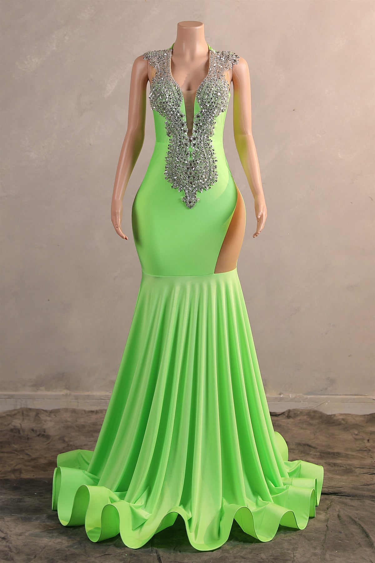 Sage Green Silver Beaded Luxury Mermaid Floor-Length Prom Dresses