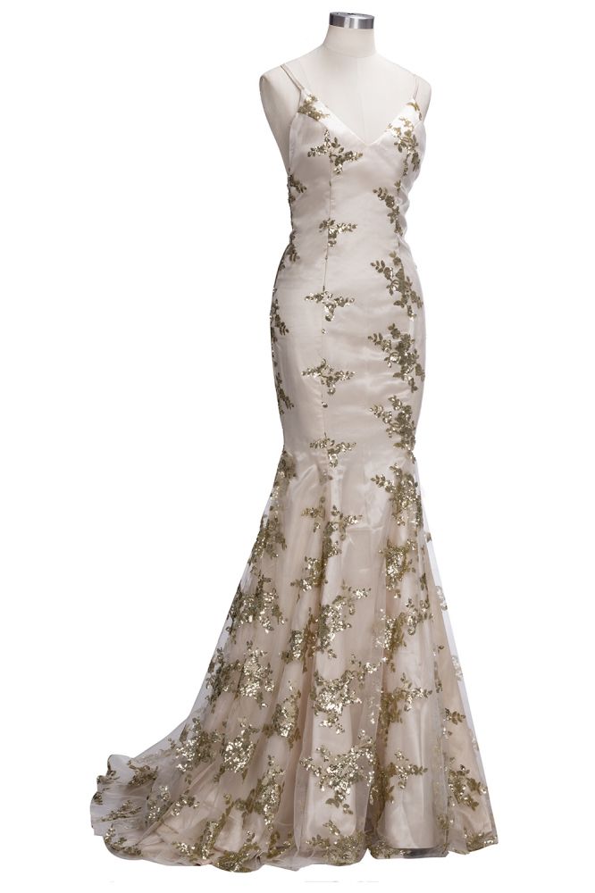 SAGE Mermaid V-Neck Spaghetti Floor-Length Crystal Beads Prom Dresses
