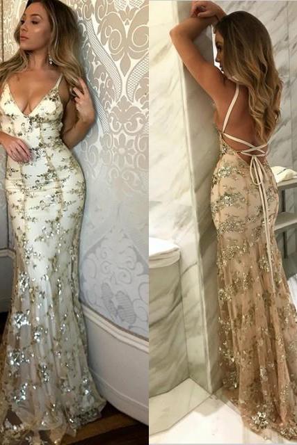 SAGE Mermaid V-Neck Spaghetti Floor-Length Crystal Beads Prom Dresses