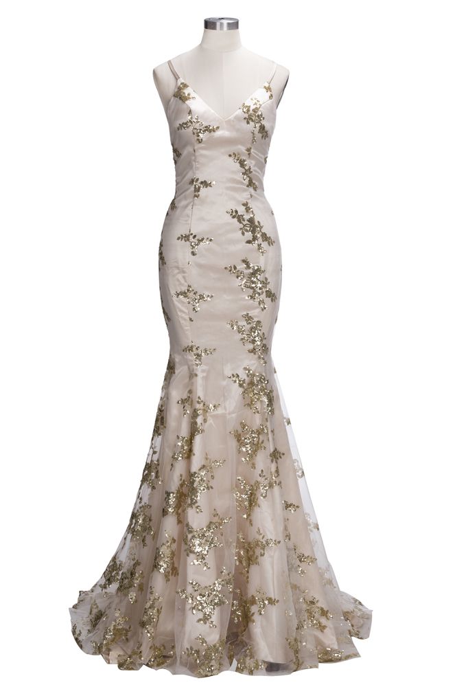 SAGE Mermaid V-Neck Spaghetti Floor-Length Crystal Beads Prom Dresses