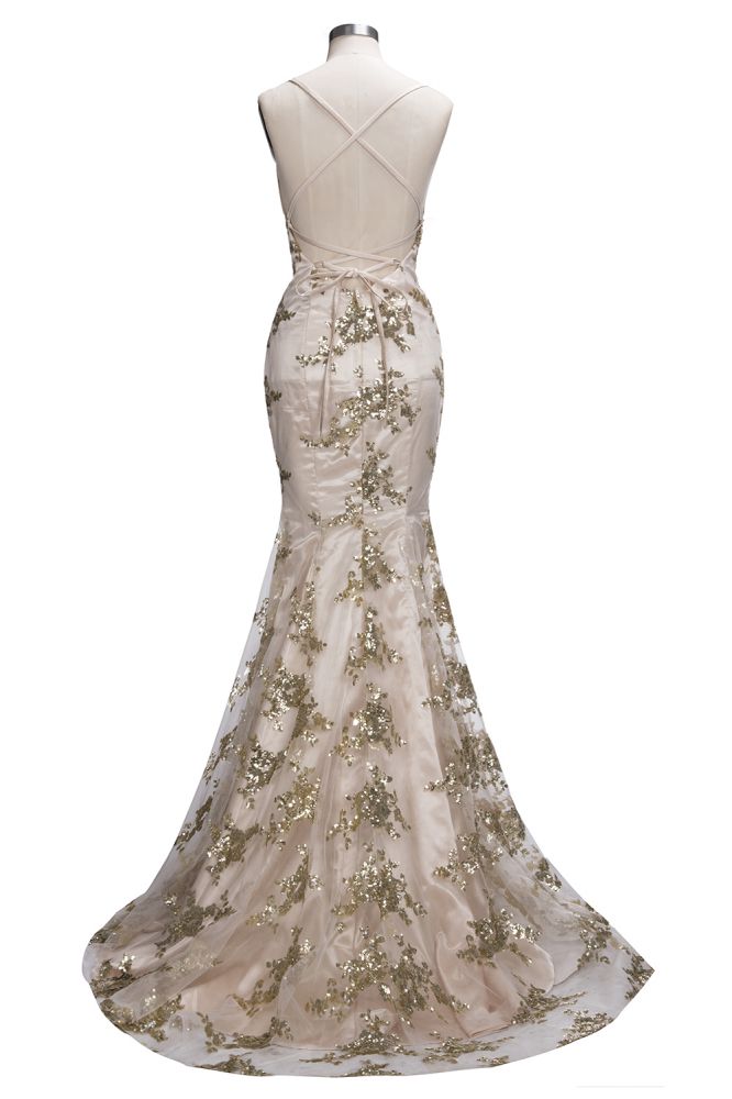 SAGE Mermaid V-Neck Spaghetti Floor-Length Crystal Beads Prom Dresses